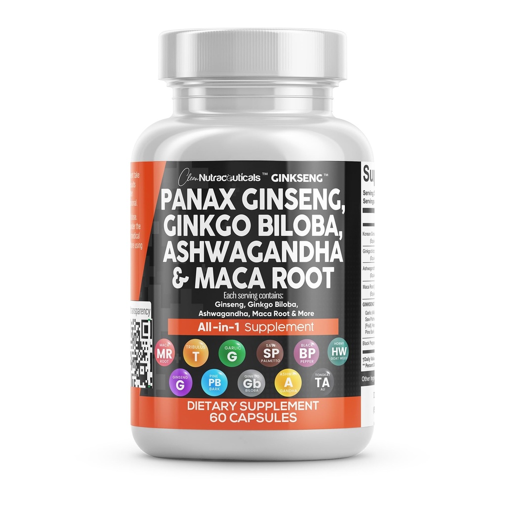 Clean Nutraceuticals Panax Ginseng Ginkg Ginkgo Biloba Ashwagandha Maca Root - Focus Supplement Pills naisille ja miehille Pine Bark Extract, valkosipuli, ja Saw Palmetto - 60 Caps