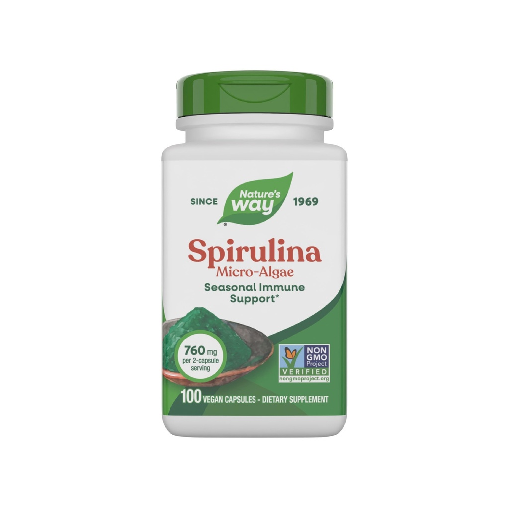 Nature's Way Spirulina Micro-Algae, Seasonal Immune Support*, lähde A-vitamiini (Beta karoteeni), 760 mg per Serving, 100 Vegaanikapselit (Pakkaus toukokuussa Vary)