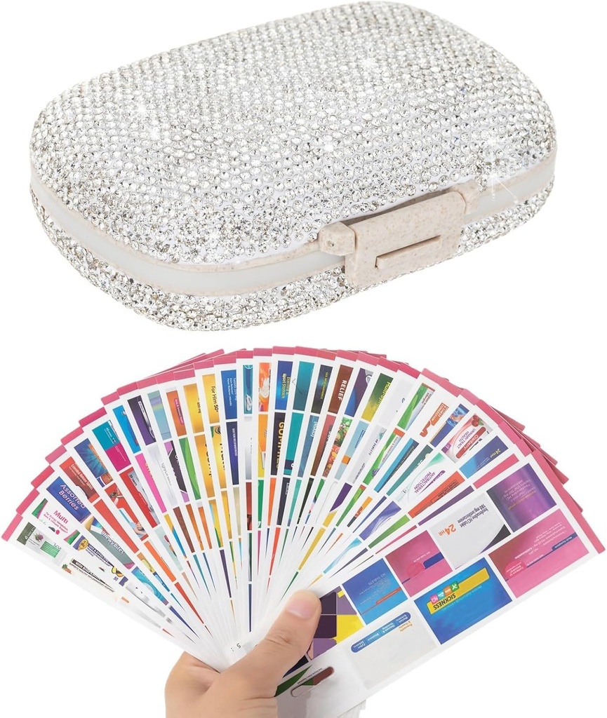 Pill Organizer med etiketter Bling Pocket Pill Case med Stickers Travel Medicine Kit Holder Small Purse Pill Box Container Portable Mini Medication Storage (White & 300 Labels)