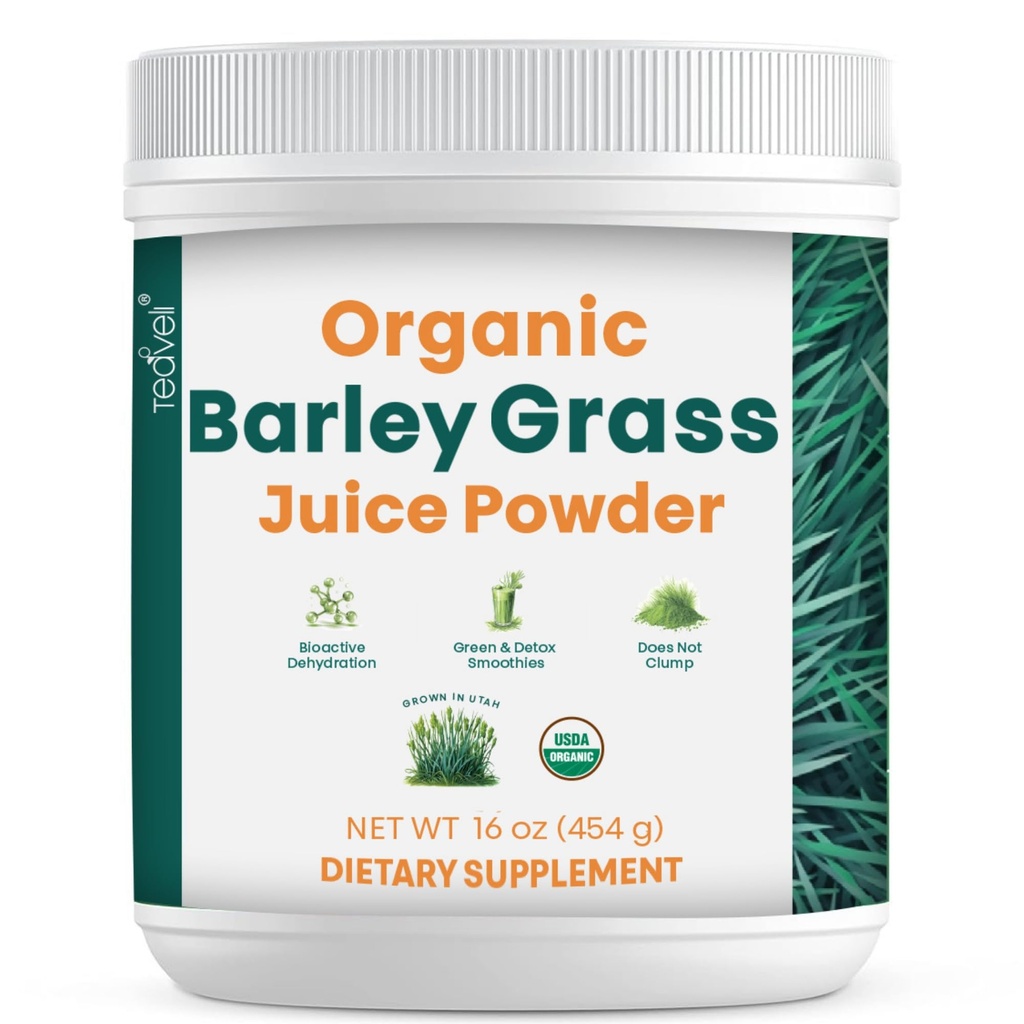 Teaveli Organic Barley Grass Juice Powder-Grown and Harvested in The Fertile Utah Soil - 16 Ounces (454 Grams)