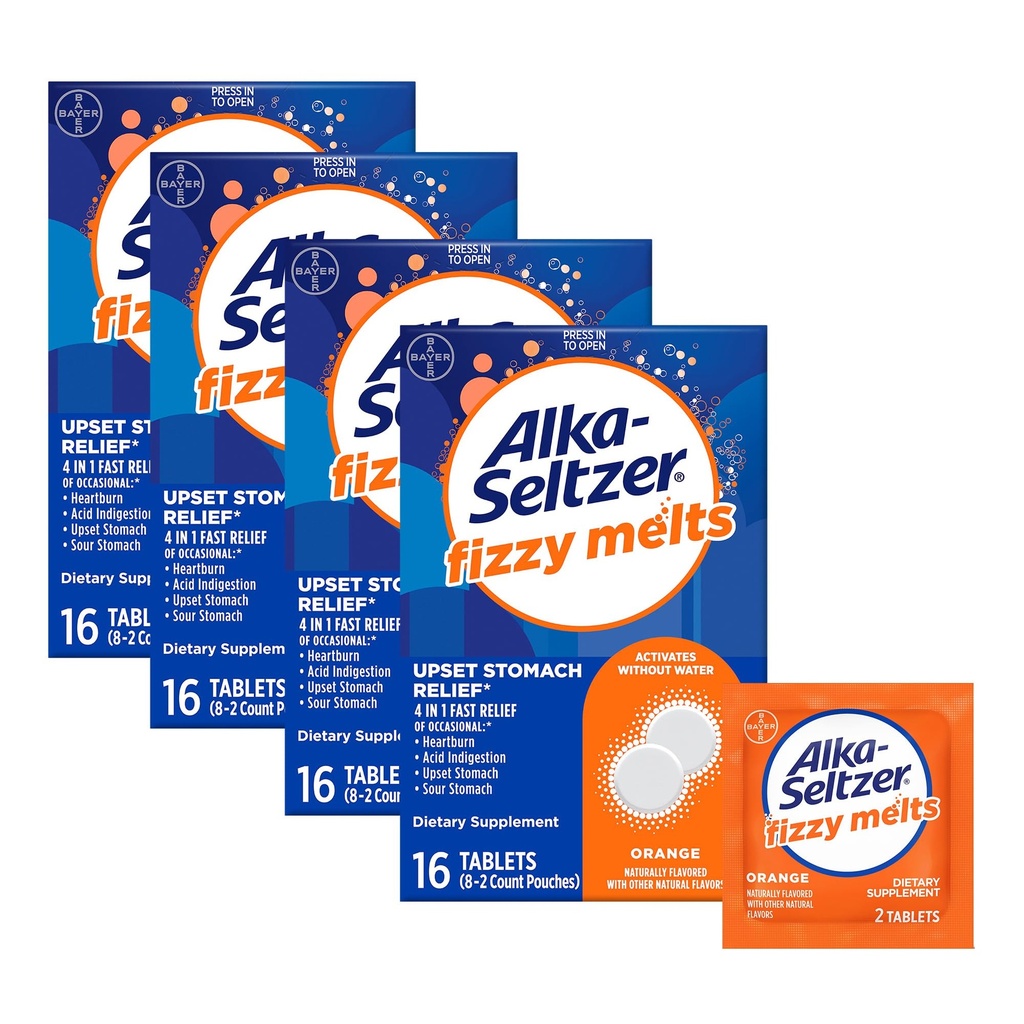Alka-Seltzer Fizzy Sulat, liuotetaan kieleen, ei vettä tarvitaan, On-The-Go Dietary Supplement Antasidit tabletit, joilla lievitetään toisinaan närästystä ja happojen ruoansulatushäiriöitä*, Orange Flavor, 64