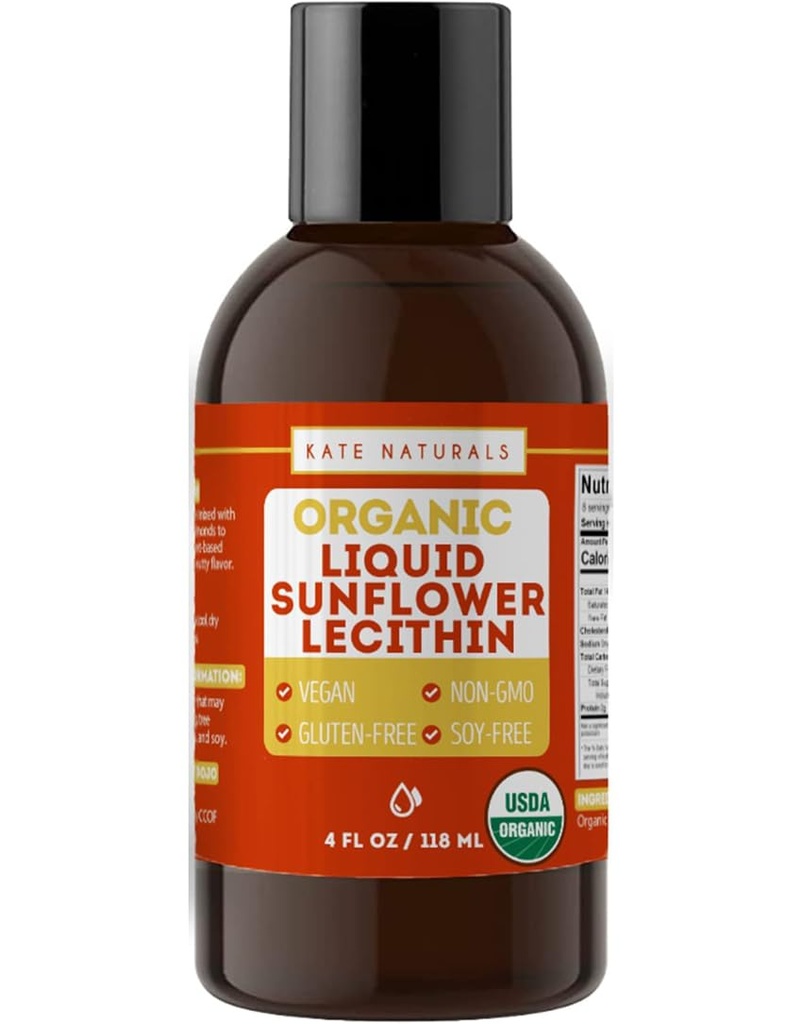 Kate Naturals Sunflower Lecithin Liquid för matlagning och bakning. Liquid Lecithin för Gummies, Smoothies & Lactation Supplement (4oz, Organic, Vegan, Glutenfri)