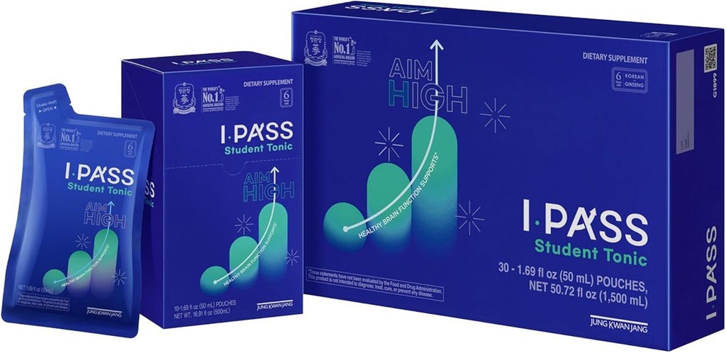 JungKwanJang iPass Student Tonic - Adaptogen Energy Drink Supplement med Korean Red Ginseng, Jujube, Astragalus & Angelica - Dagligt stöd för skola och aktiviteter (30 påsar, 1,69 fl oz)