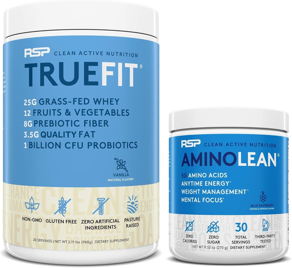 AminoLean Pre Treenout Energy (Blue Raspberry 30 Servings) TrueFit Protein Powder (Vanilla 2 LB)