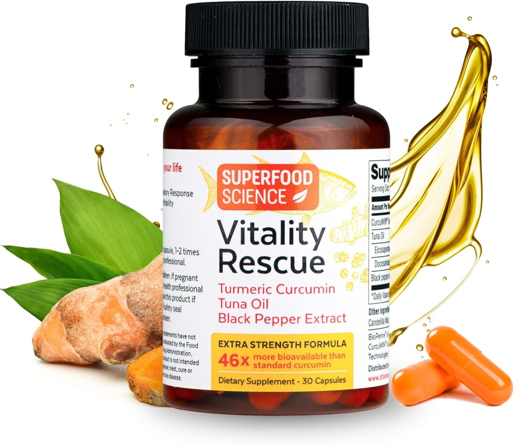 Vitality Rescue, Fish Oil DHA EPA Omega 3 och gurkmeja Supplement w/Bioperine, CurcuWin 46X Superior Absorption Curcumin för att stödja träningsåterhämtning, Joint, Muscle, Cardio & Brain Health, 30 kapslar