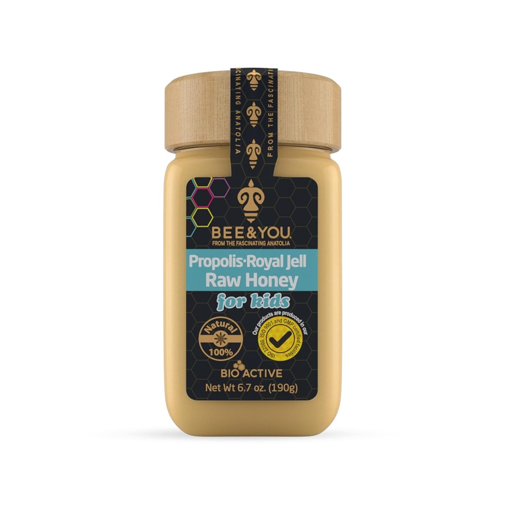 Bee och du Royal Jelly Raw Honey för barn, Propolis Extract, 100% Natural Superfood, Ultra Pure, Immune Support Supplement, Antioxidanter, Keto, Paleo, Gluten-Free, 6,7 oz