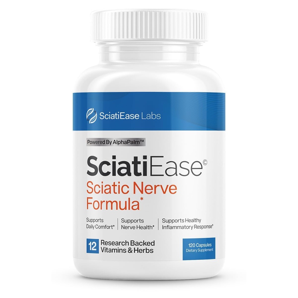 SciatiEase Sciatic Nerve Health Support Supplement - Hermo tuki Formula AlphaPalm, Herne, B-vitamiini Complex, Alpha Lipoic Acid 300mg - 120 kapselia