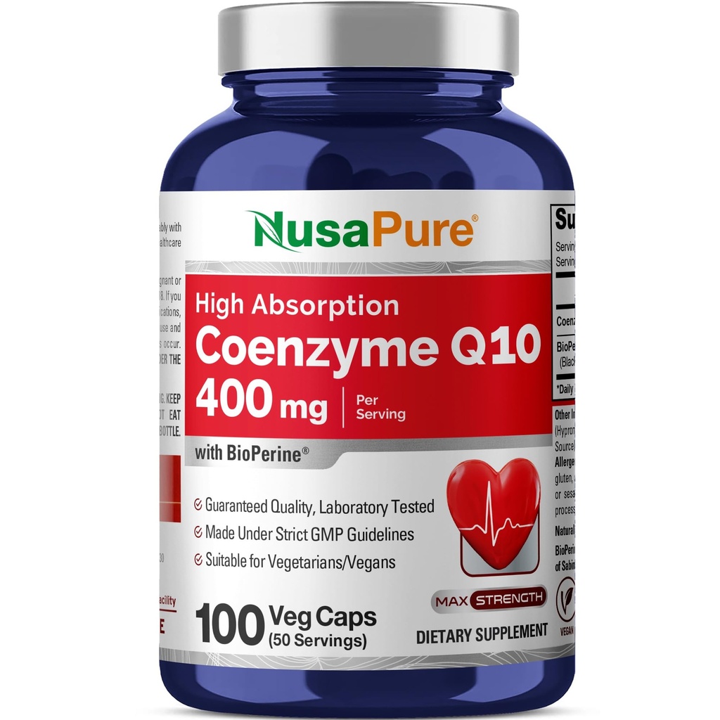 NusaPure CoQ10 400mg 100 Veggie Caps (Vegan, Non-GMO) Coenzyme Q10 Supplement, Antioxidant COQ-10 Enzym, Coq 10