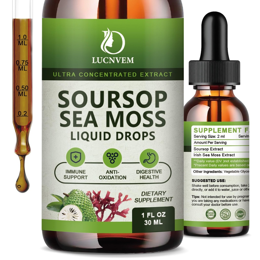 (2 pakkaus) Organic Soursop Graviola with Sea Moss Liquid Drops, Soursop Bitters Liquid Rich in Multivitamiini Natural Antioxidantti, Immuuni Boost, Cell Support & Regeneration, Ananas Flavor