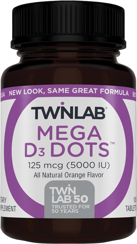 Twinlab Mega D-3 Dots - D-vitamintillskott för immunhälsa och benstöd - 100 orange tabletter, 125 mcg (5000 IE) (Pack of 2)