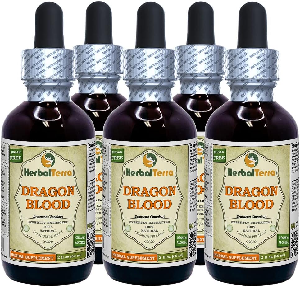 Dragon Blood Hartsi (Daemonorops Draco) Tincture, kuivattu hartsinesteuute (Brandin nimi: HerbalTerra, ylpeästi valmistettu USA) 5x2 fl.oz (5x60 ml)
