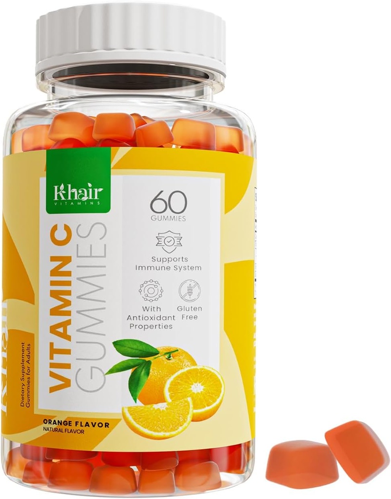 Khair Halal C-vitamiini Gummies - Ei GMO, Gluteeniton, Liivate, Kasvissyöjä - Immuuni tuki Gummies, Halal herkullisia vitamiineja aikuisille & lapsille - 60 Gummies