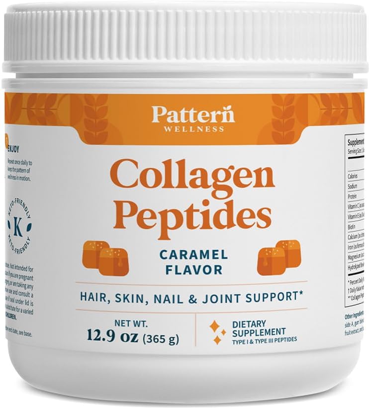 Pattern Wellness Collagen Peptides Powder (tyyppi I & III) - Hiukset, kynnet, iho & niveltuki - Grass Fed & Pasture-Raised - Hydrolysed, non-GMO, Dairy Free, & Keto-Friendly - Caramel (13 Oz)