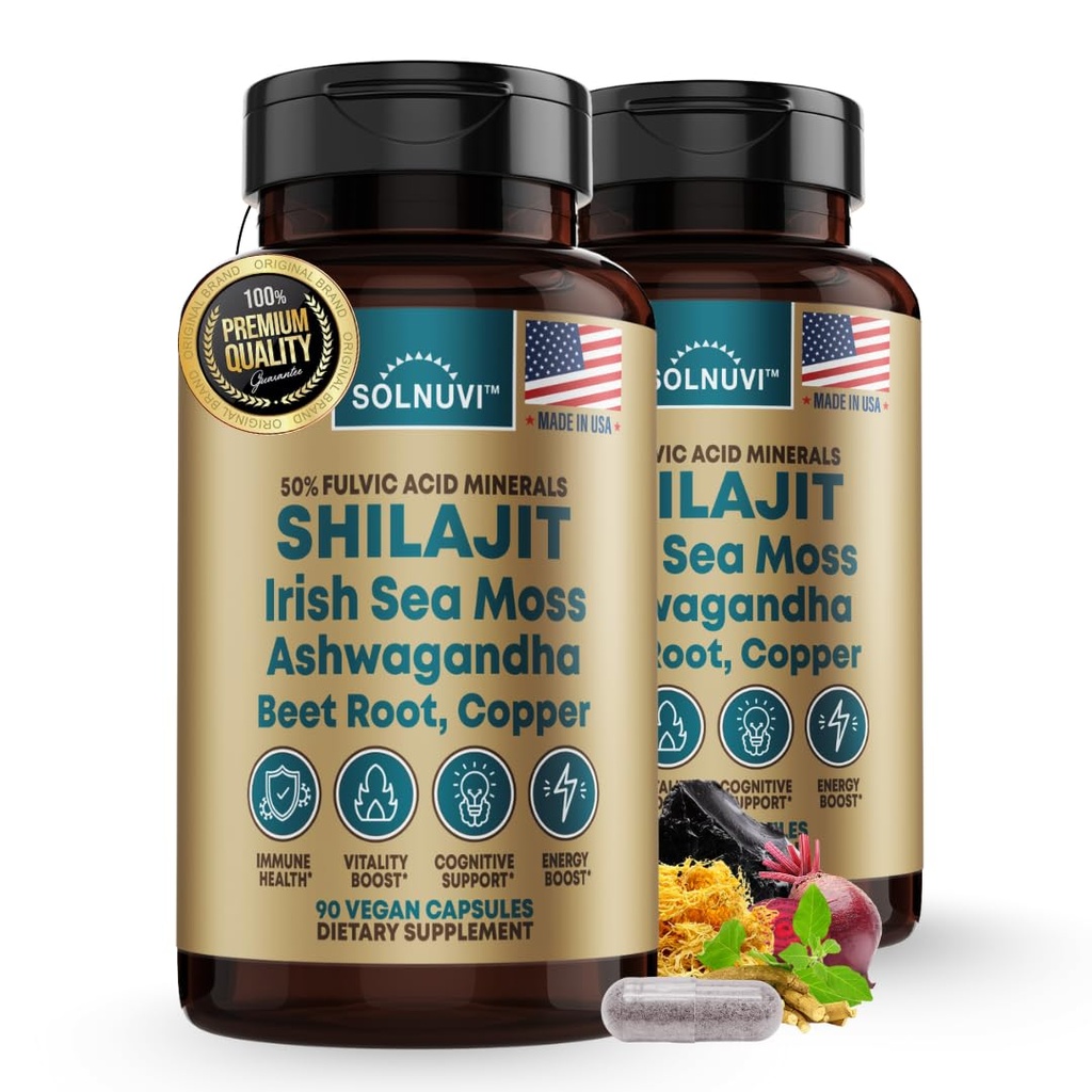 Shilajit Pure Himalayan Organic Capsules with Irish Sea Moss, Ashwagandha, Kupari, juuri - Fulvic Acid Trace Minerals Supplement for Men & Women - 90 Count, non-GMO, Gluteeniton