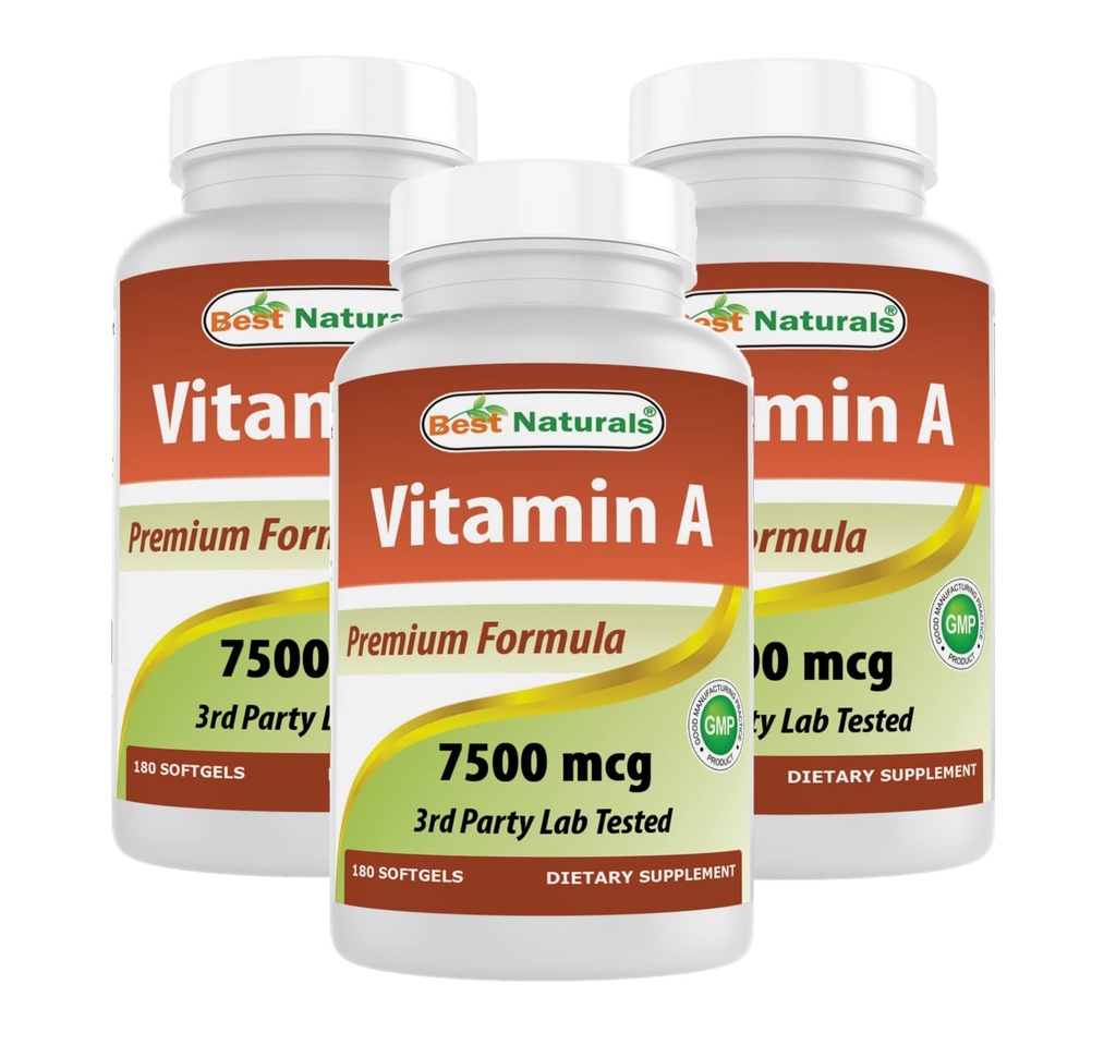 Best Naturals A-vitamiini 25000 IU (7500 mikrog), ei-GMO Formula tukee tervettä visiota ja immuunijärjestelmää sekä tervettä kasvua & Reproduction, 180 Softgels (180 pistettä)