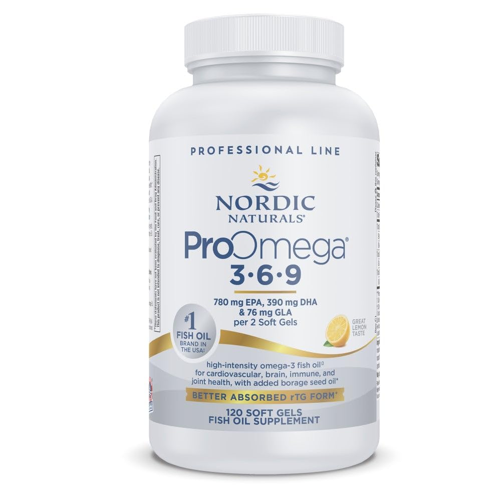 Nordic Naturals ProOmega 3-6-9, Lemon Flavor - 120 Soft Gels -1360 mg Omega-3 - EPA & DHA med extra GLA - Hälsosam hud, kognition, positivt humör - Icke-GMO - 60 portioner