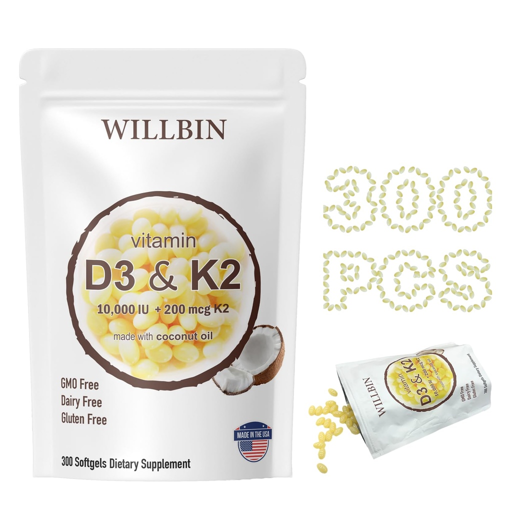 300 kpl 2 in 1 D3 10000 iu Plus K2 (MK-7) 200 mikrog, Coconut Oil Softgels with vitamiins D & K, Tukee Bone, Heart & Immuno Health - Helppo niellä & ei-GMO