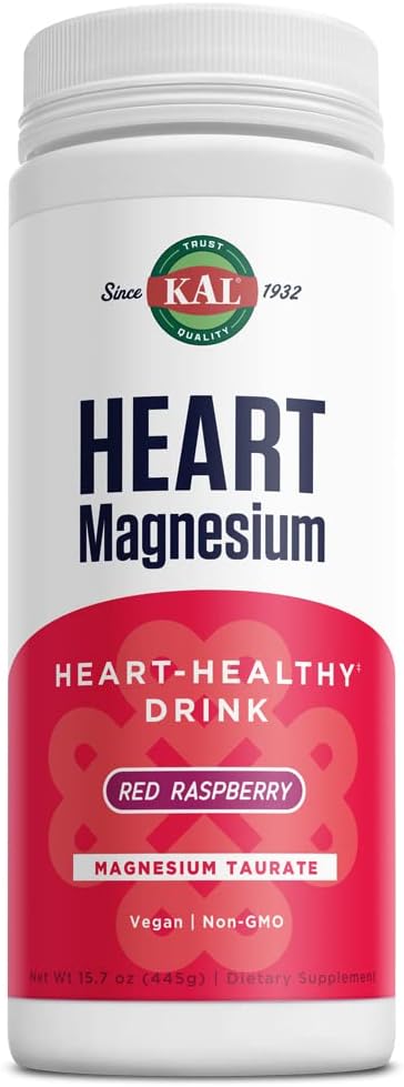 KAL Heart Magnesium Drink Mix, punainen vadelma Magnesium Taurate Powder Heart Health täydentää tulehdus, sokeriton, vegaaninen, 100 tarjoilua, 15,7 oz