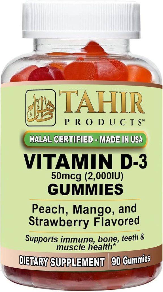 Tahir Halal D3 2000 IU Gummies ... Tukee luun ja immuunin terveyttä, edistää lihasten toimintaa, gluteeniton, gelatiiniton, 90 luonnon hedelmän makunaamioita, valmistettu USA: ssa.