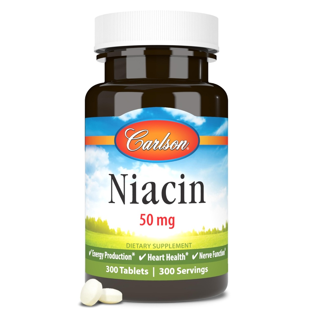 Carlson - Niacin, 50 mg, tukee kolesteroliaineenvaihduntaa, energiantuotantoa, sydämen terveyttä, hermotoimintaa, 300 tablettia