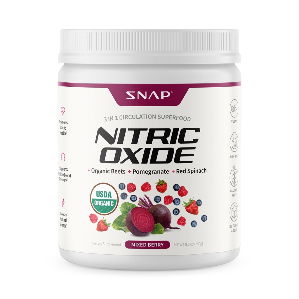 Snap lisäravinteet Organic Beet Root Typpioksidi Powder - Tukee energian ja terveitä Kiertoa, 8,8 oz (30 tarjoilua, 1 kuukausi tarjonta), Mixed Berry