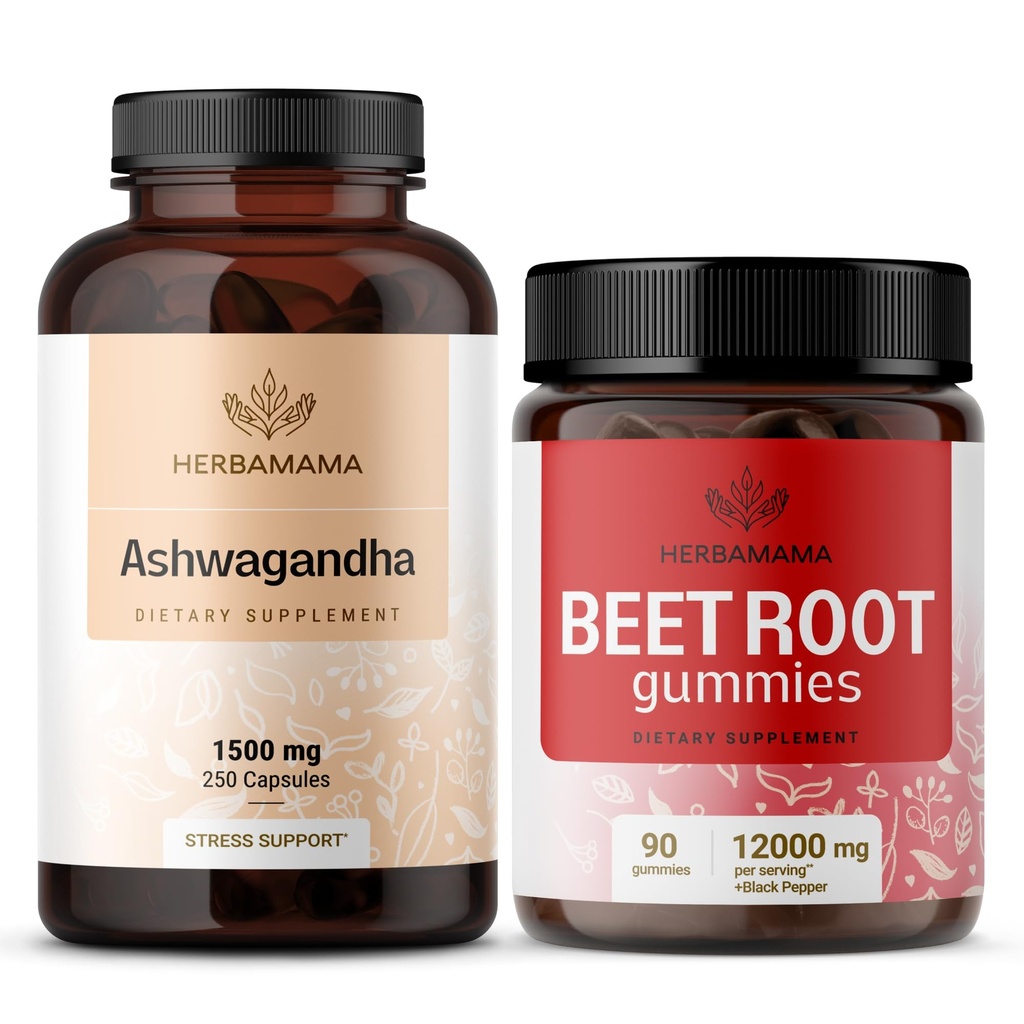 HERBAMAMA Ashwagandha och Beet Root Kit - Bundle av 1500 mg Ashwagandha Root Capsules & 1500 mg Beet Root Gummies - Vegan, Non-GMO, Gelatin-Free - 2 Pack