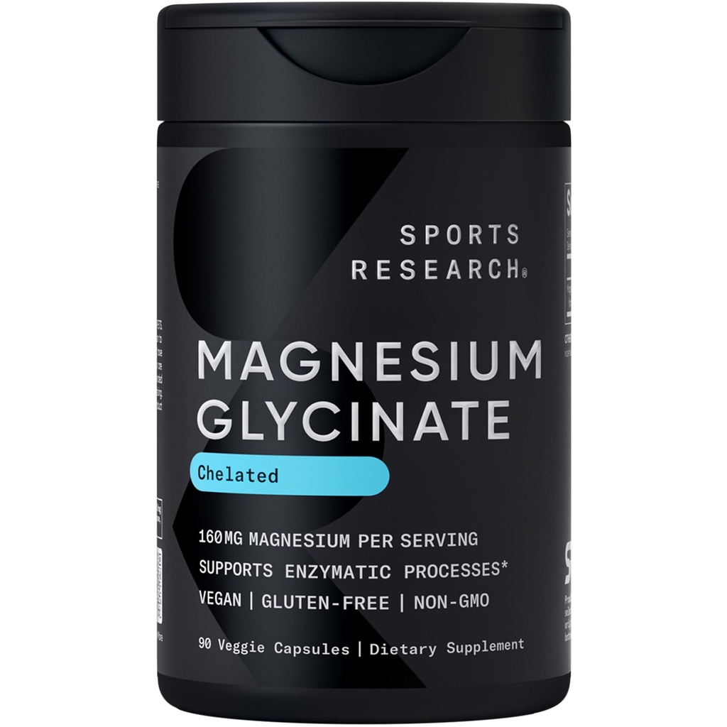 Sports Research® Magnesium Glycinate - Stöder Restful Sleep & Enzymatic Processes - 160 mg Chelated Magnesium - Vegan Capsule - 90 Count
