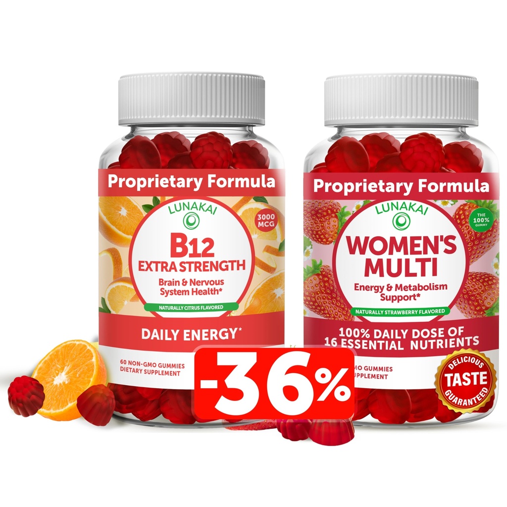 Lunakai B12-vitamiini ja naisten monivitamiinitypykkä Bundle - ei-GMO & Vegan täydentää energiatuen ja luun terveys - 100% päivittäinen arvo 16 välttämättömiä vitamiineja ja kivennäisaineita - 30 päivän tarjonta