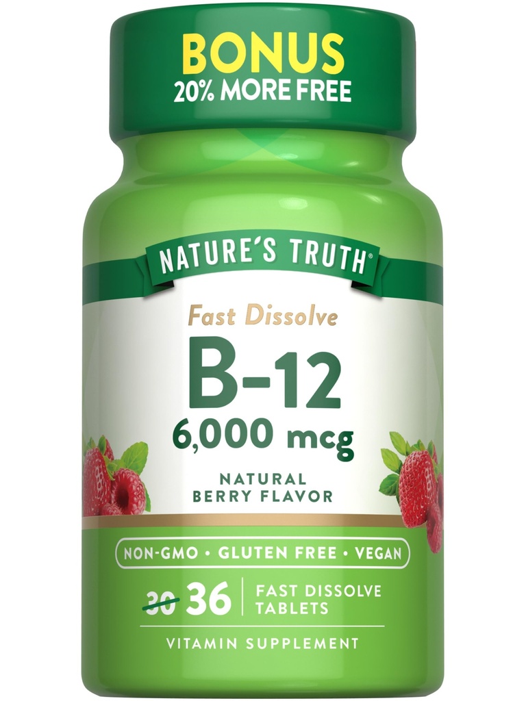 Naturens sanning B12 Vitamin 6000 mcg | Methylcobalamin | 36 tabletter | Snabbupplöst naturlig Bär smak | Vegan, icke-GMO & Glutenfri
