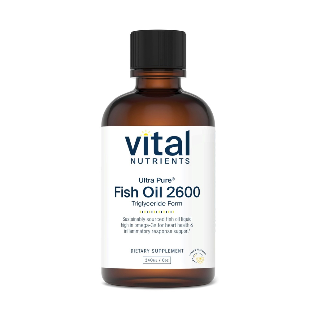 Vital Nutrients - Ultra Pure Fish Oil 2600 (Pharmaceutical Grade) - Hi-Potency Deep Sea Liquid Fish Oil, Cardiovascular Support, Natural Lemon Flavor - 8 Fl Oz per flaska