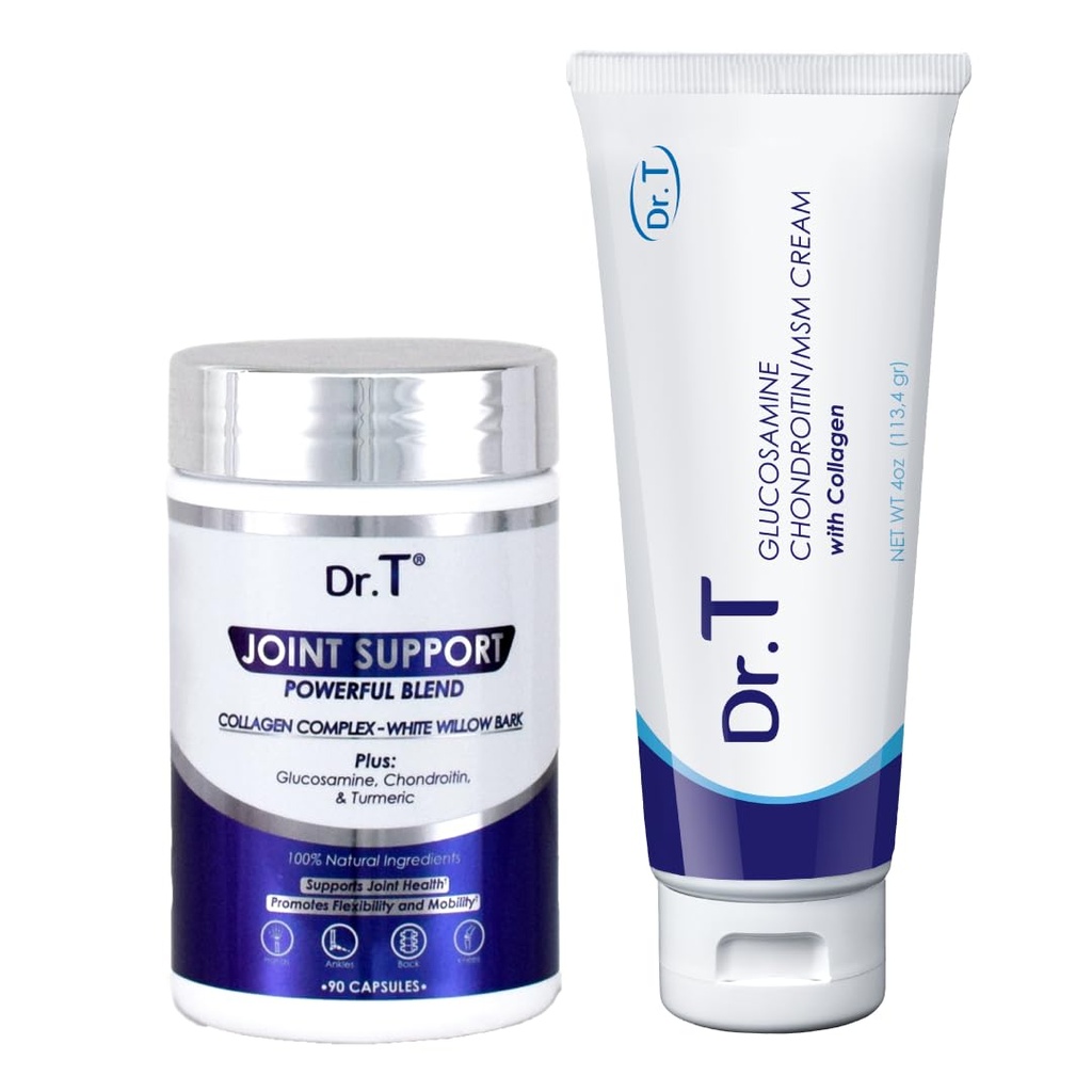 Tohtori T Joint Health Bundle: Glukosamiini/Chondroitin MSM Cream Collagen + Joint Support täydennysosa ...