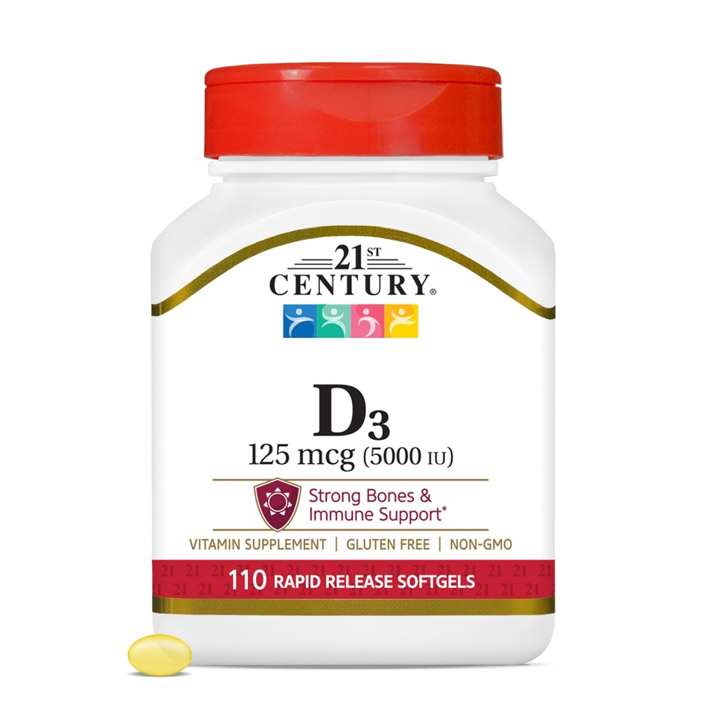 2100-luvun terveydenhuollon D3-vitamiini 125 mikrog (5 000 IU) Nopeasti vapauttavat Softgels, 110