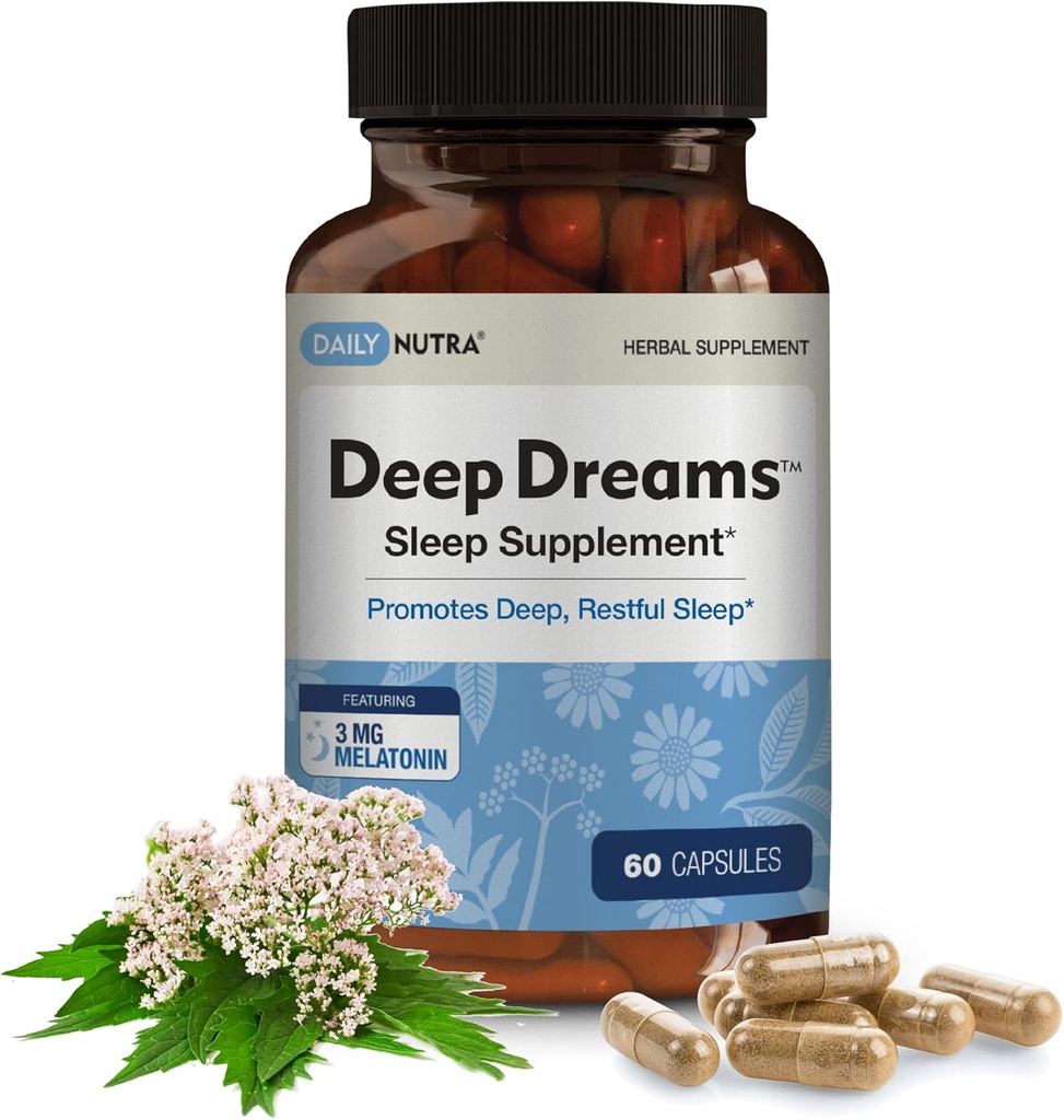 Deep Dreams ~ Natural Herbal Sleep Supplement Edistää syvää, rauhallista unta, epätavallista muodostumista melatoniinin, L-Tryptofaanin, Valerian, GABAn, kamomillan, & Passionflower (60 kapselia)