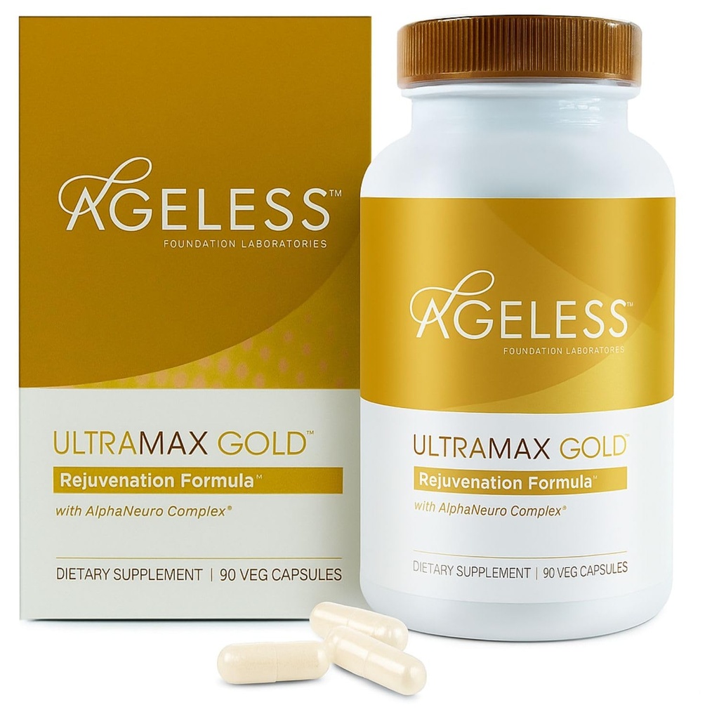 AGELESSTM: UltraMAX GoldTM -kapselit, HGH:n anti-aging-lisäaine naisille, hidastaa solujen ikääntymistä, tukee immuuniterveyttä, Smoother Skin Tone ja Restorative Sleep, Painonhallinta, 90 kapselia