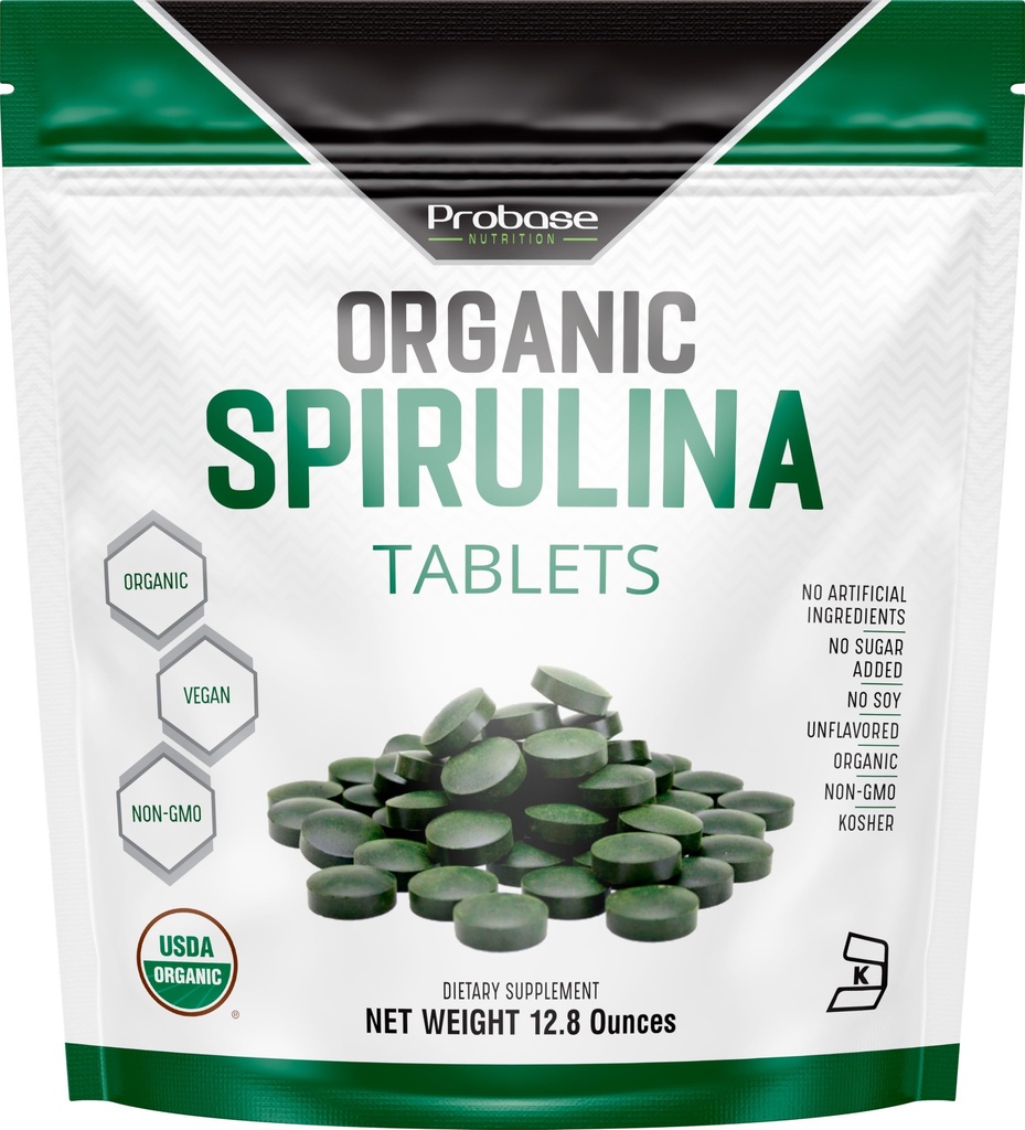 Probase Nutrition Organic Spirulina Supplement, 3000MG Per Serving, 720 tablettia (4 kuukauden tarjonta), ei täytettä & ei-GMO, runsaasti kasviproteiinia, vitamiineja & prebiootteja, Premium Spirulina pillereitä