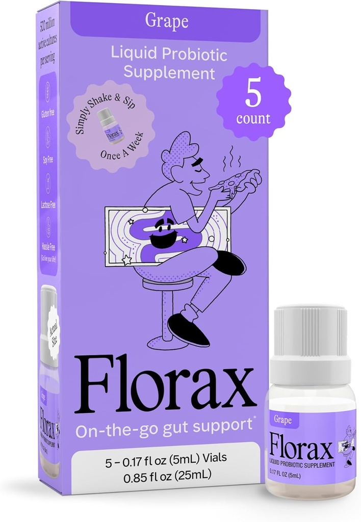 Florax - Liquid Probiootti - On-The-go Gut tuki naisille, miehet ja lapset - Vegaani, Gluteeniton, Laktoositon, soijaton ja säilöntäaineeton - Viinirypäleen maku - 5 injektiopulloa