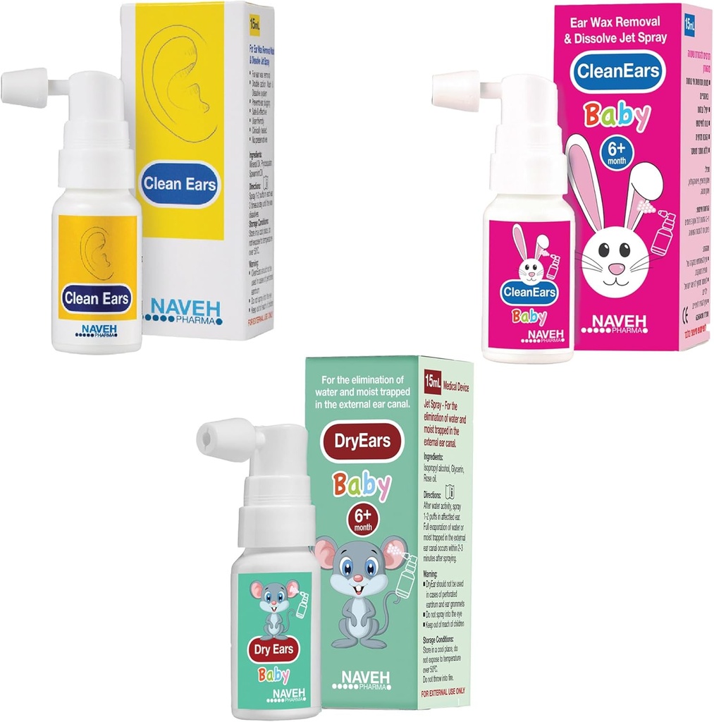 NAVEH PHARMA CleanEars 0.5 Fl Oz+ NAVEH PHARMA Dry- Ears Baby 0,5 FL OZ + NAVEH PHARMA Otic Guard Baby 0.5 Fl Oz