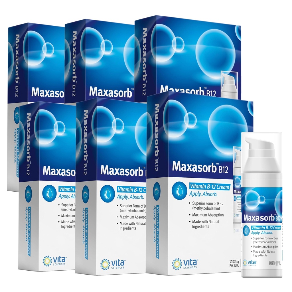 Vita Sciences Maxasorb B12-vitamiini B-12 Cream 1000 mikrog: Tehokas Uutinen Metyylicobalamiini energia, terveys, ja hehkuva iho - pakkaus 6