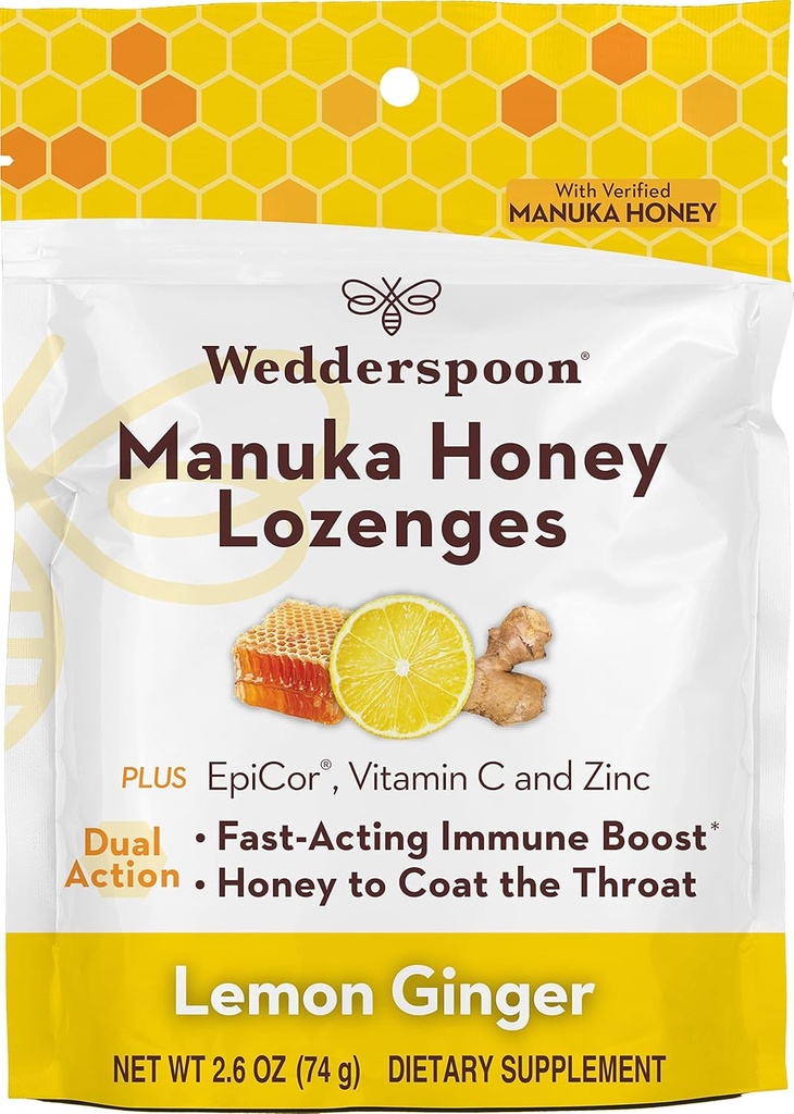 Wedderspoon Manuka Honey Immunity Lozenges, Lemon Ginger, 2.6 Oz (Pack of 1), Genuine New Zealand Honey, öka immuniteten inom två timmar