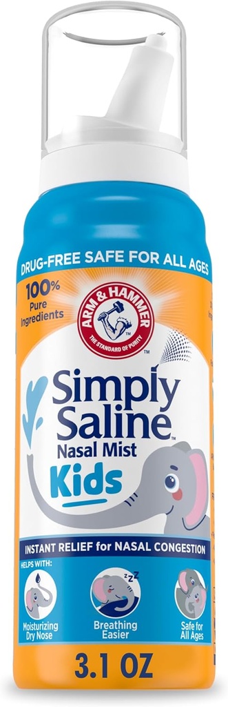 ARM & HAMMER Yksinkertaisesti saline Kids Nessal Mist, Saline Spray for Gentle Nasal Congestion Relief, 3.1 Oz