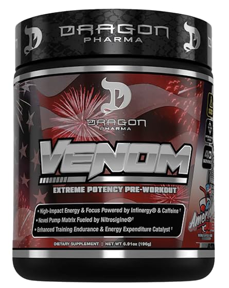 DRAGON PHARMA Venom Extreme Potency Pre-Workout, Laser Sharp Focus + energia, Intense Performance, Todistetut ainesosat tehostetun vasodilaation & Endurance (40 tarjoilut, Amerikan mehu)