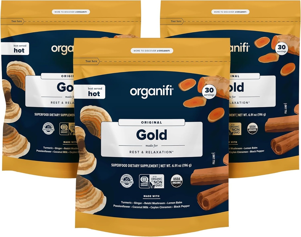 Organifi: Guld - Superfood Supplement Powder-90 Servings (3 Pack) - Stressstöd, bättre rest, avkoppling och främjar vilsam sömn - gurkmeja och reishi infuserad