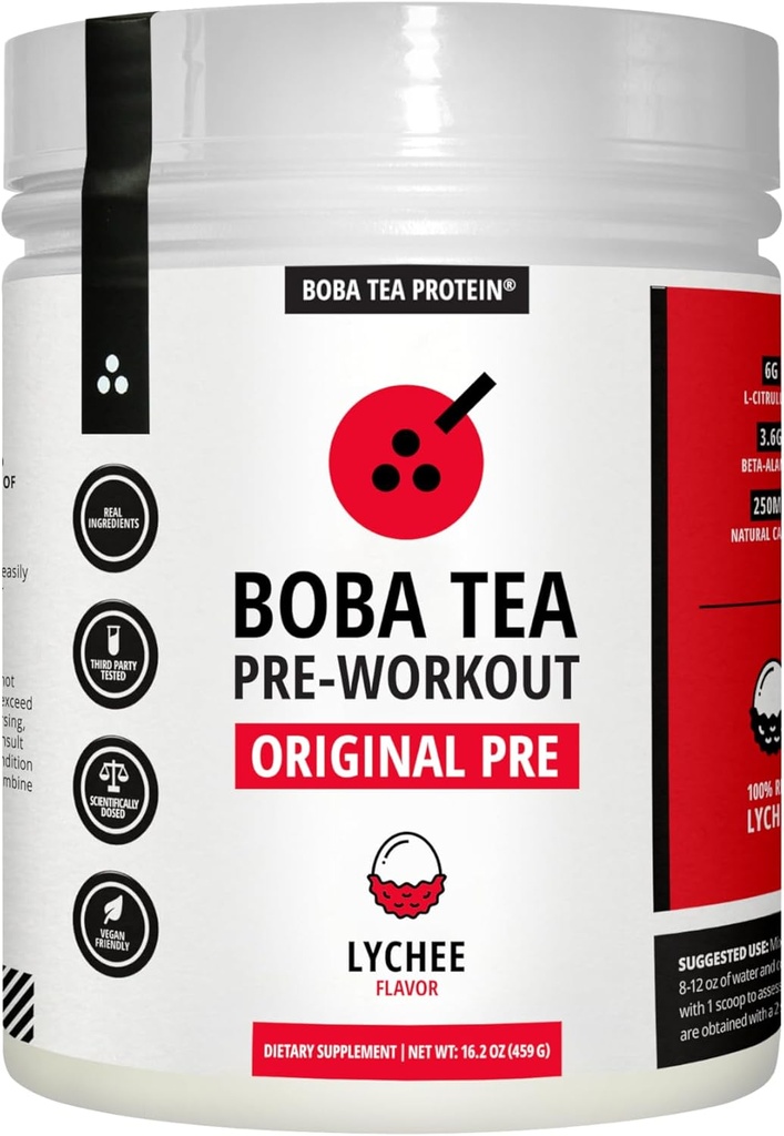 Boba Tea Pre-Workout Powder | Lychee Flavor | 125-250mg Koffein | L-Citrulline, Beta Alanine, Alpha-GPC | Real Ingredients | Premium Pre Workout Powder för män och kvinnor | 20-40 portioner