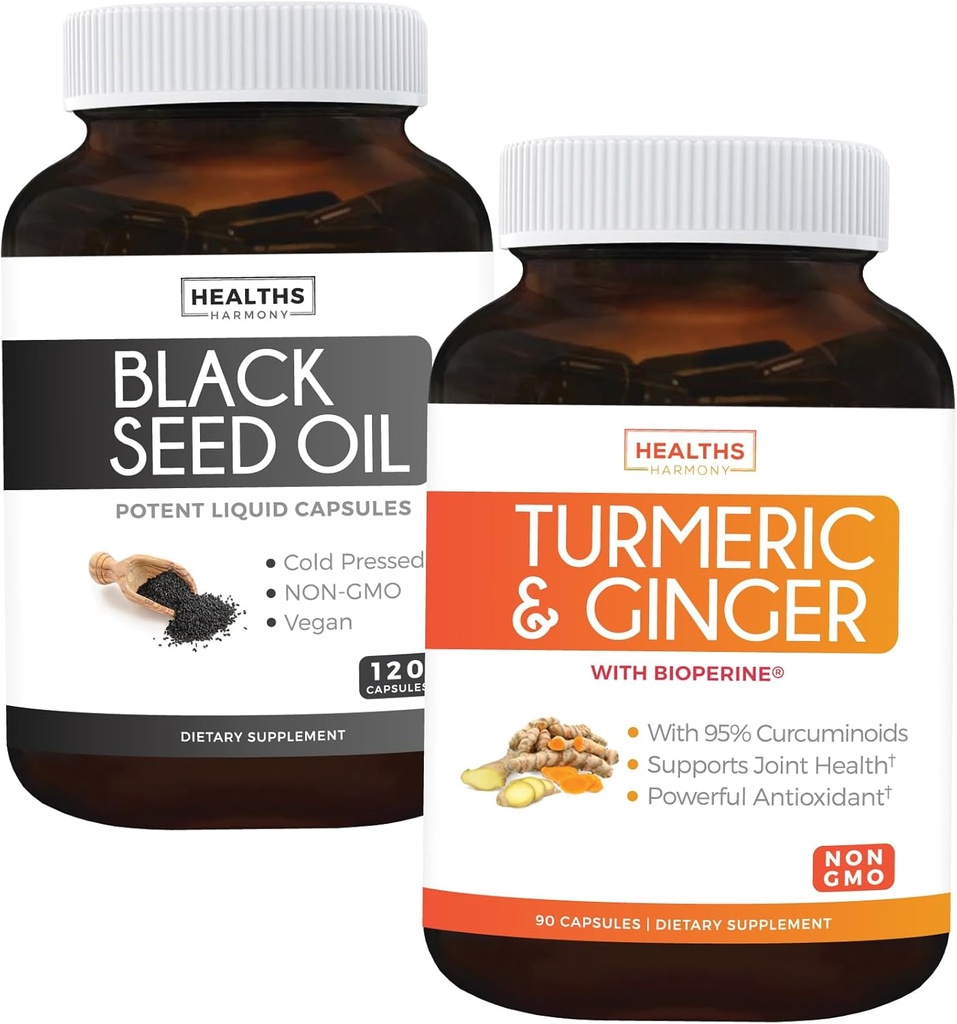 Bundle of Turmeric & Ginger & Black Seed Oil - Golden Harmony Blend - Turmeric & Ginger med 95% Curcuminoids & Bioperine (90 kapslar) & Black Seed Oil (Non-GMO) 100% Cold-Pressed Cumin Seed Oil