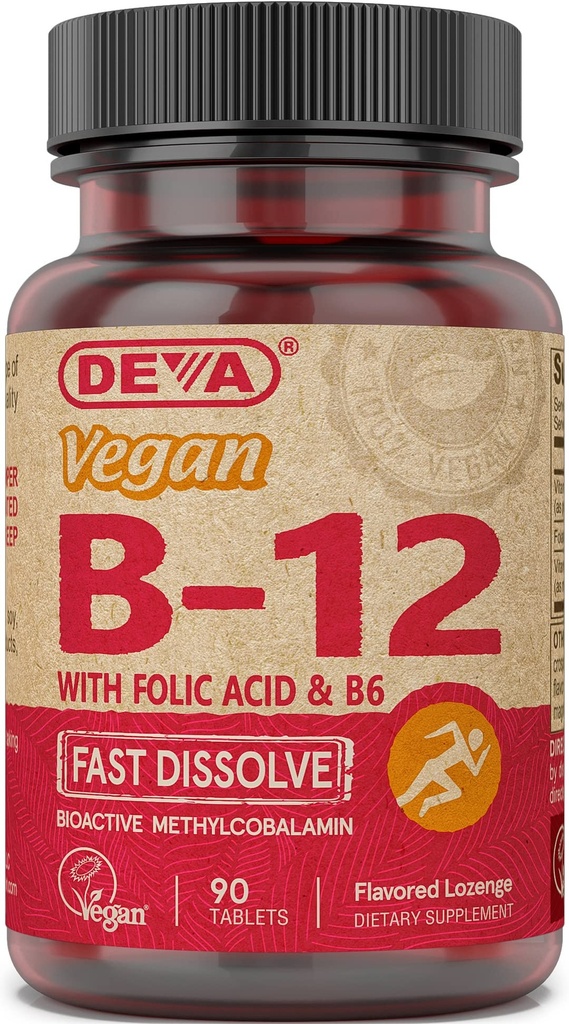 DEVA-vegan B12-vitamiinin nopea liuotus - yhden päivän kompleksi, jossa 1000 Mcg metyylikobalamiini B12, foolihappo, B6 - sitruunan maku - 90 liukenevaa tablettia