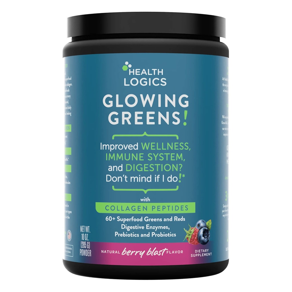 Health Logics Glowing Greens Superfood Powder with Collagen Peptides, Dgestive Enzymes, Prebiootit ja Probiootit 