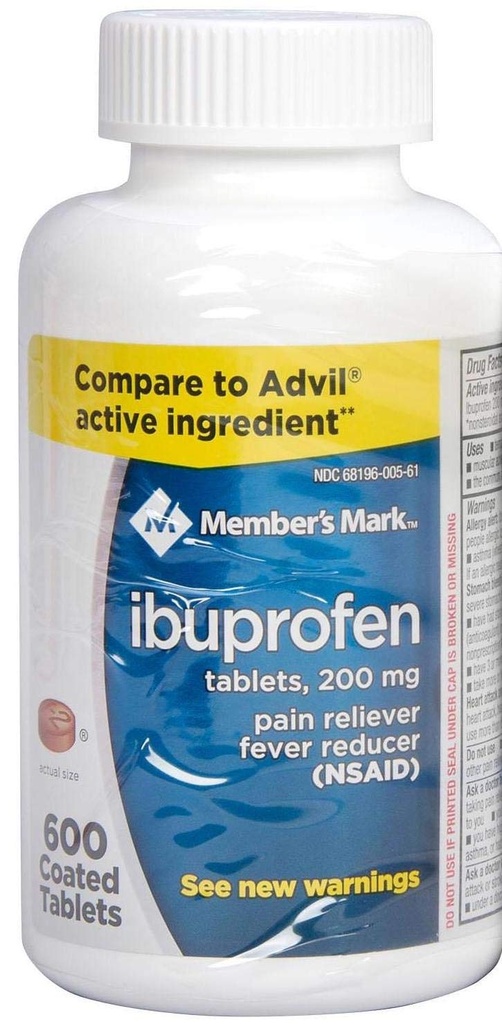 Medlemmar Mark Ibuprofen Belagda tabletter 200mg Smärta Reliever Fever Reducer, 1 flaska, 600 tabletter