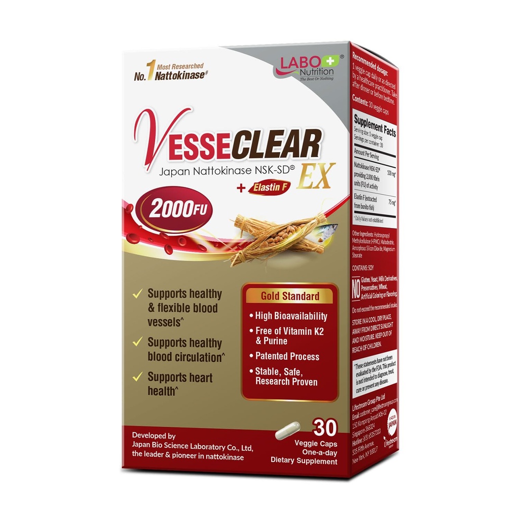 LABO Nutrition VesseCLEAR EX: Nattokinaasi NSK- SD+Elastin F puhtaalle ja joustavalle verialukselle. Japanin tutkimus Todista, toiminnallinen annos, Happo-resistant / Delayed Release Kapselit