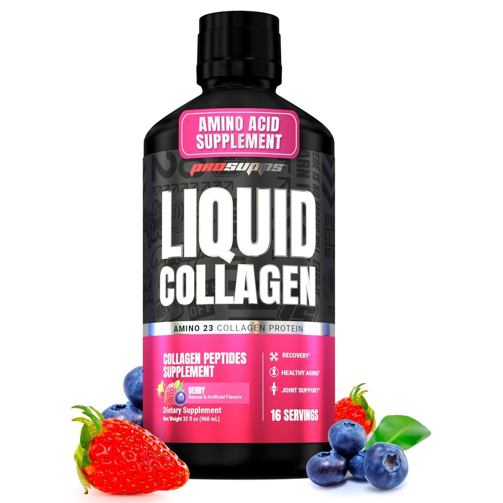 PROSupPS Amino23 Liquid Collagen Shots, Berry - Collagen Peptide Post Treout täydentää tukee terve ikääntyminen, nivelet, iho ja hiukset - Gluteeniton & nolla sokeri - 16 tarjoilua