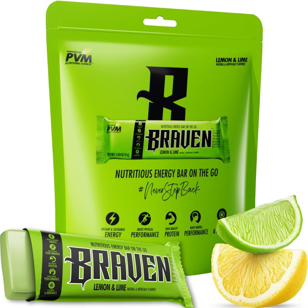 Braven Bar Lemon Lime Energy Bars (1,59 oz, Pack of 10) - Energy Chews med 5g Protein - On-the-Go Energy Snacks för körning, vandring och sport - Gluten Free Snacks för hållbar energiökning